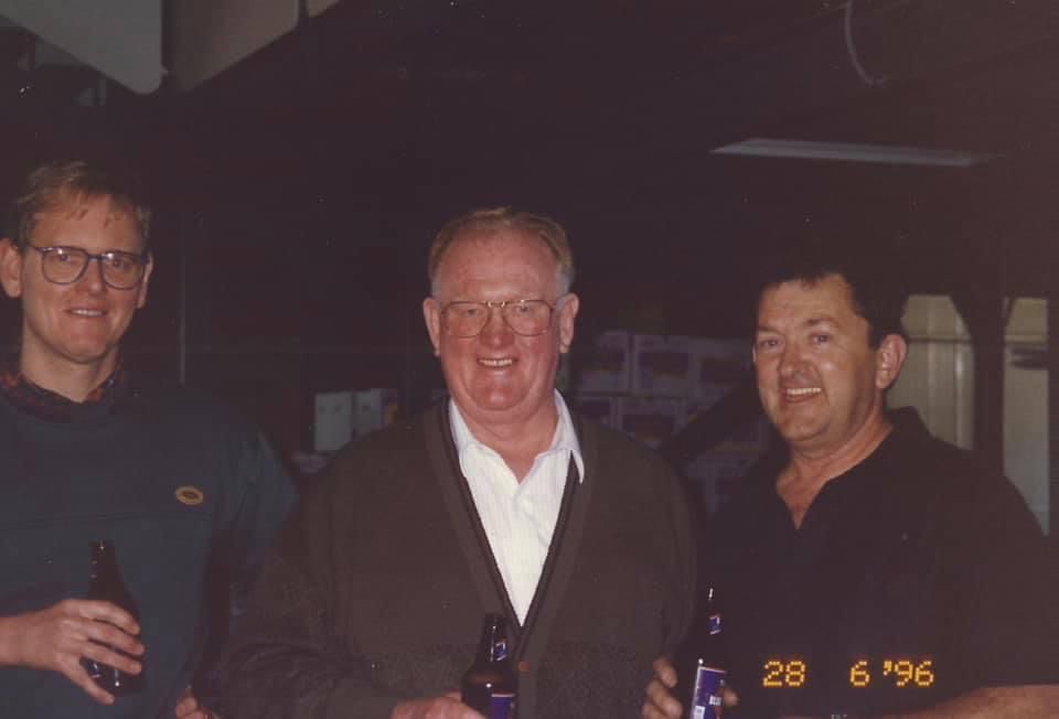 Ernie Wood’s Retirement Day – C Block. L to R David Wood, Ernie Wood, David Mullard.